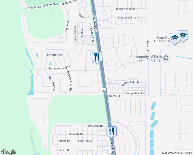 map of restaurants, bars, coffee shops, grocery stores, and more near 104 Langham Drive in Davenport