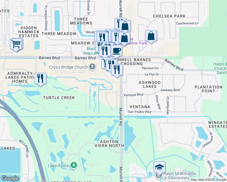 map of restaurants, bars, coffee shops, grocery stores, and more near 3854 Murrell Road in Rockledge