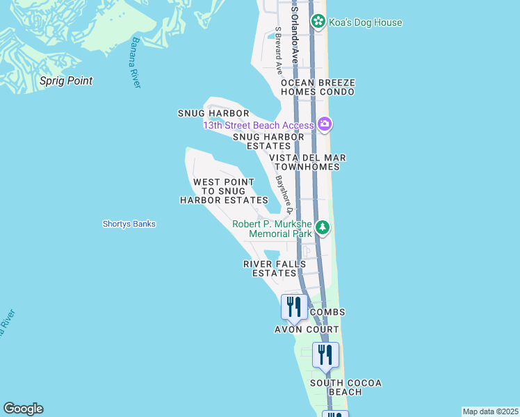map of restaurants, bars, coffee shops, grocery stores, and more near 1617 Bayshore Drive in Cocoa Beach