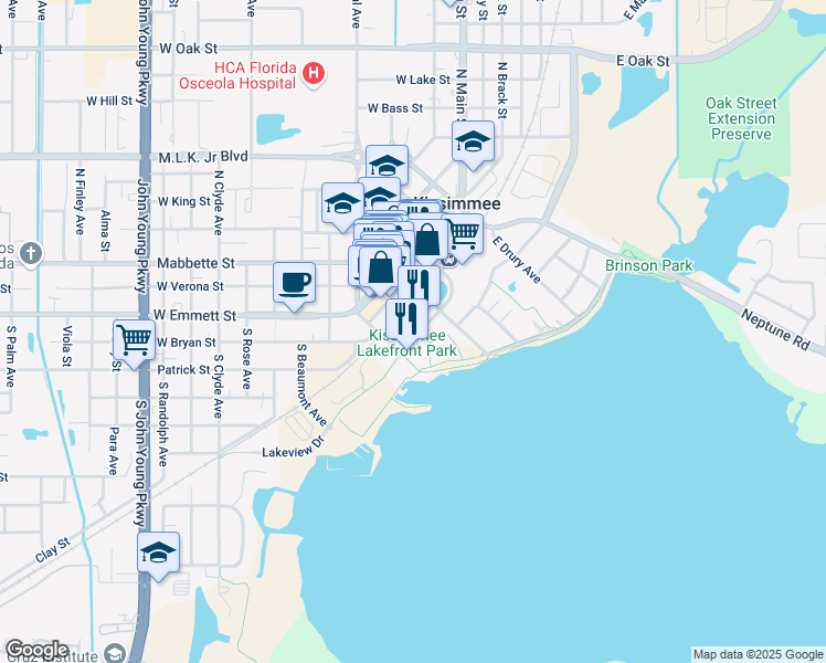 map of restaurants, bars, coffee shops, grocery stores, and more near 241 Lakeview Drive in Kissimmee