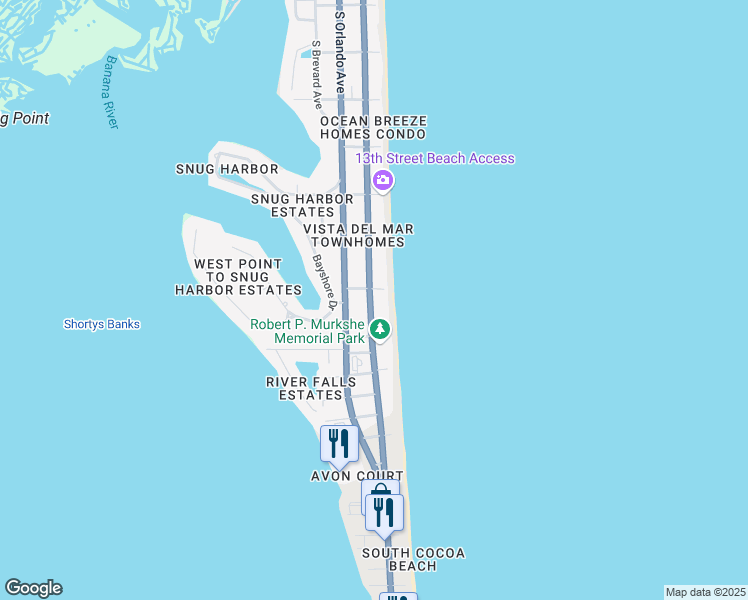 map of restaurants, bars, coffee shops, grocery stores, and more near 192 South 15th Street in Cocoa Beach