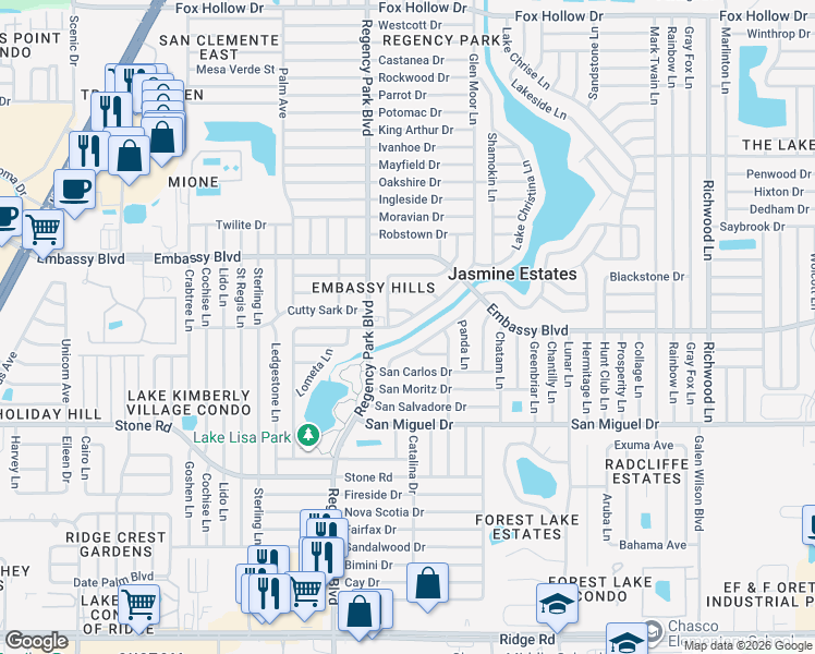 map of restaurants, bars, coffee shops, grocery stores, and more near 9250 Glen Moor Lane in Port Richey