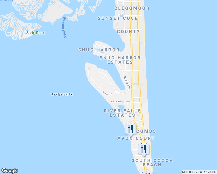 map of restaurants, bars, coffee shops, grocery stores, and more near 1702 Bayshore Drive in Cocoa Beach