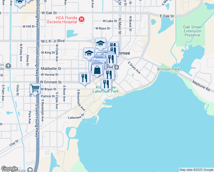 map of restaurants, bars, coffee shops, grocery stores, and more near 241 Lakeview Drive in Kissimmee