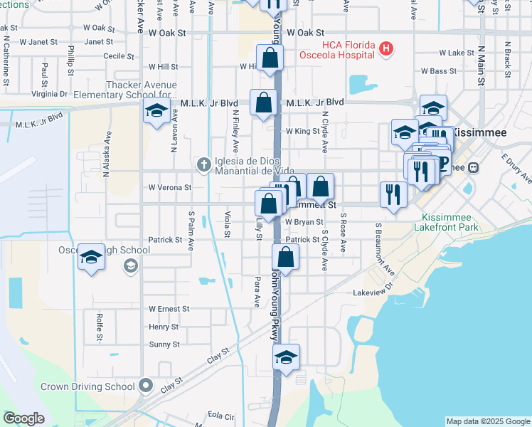 map of restaurants, bars, coffee shops, grocery stores, and more near 10 South John Young Parkway in Kissimmee