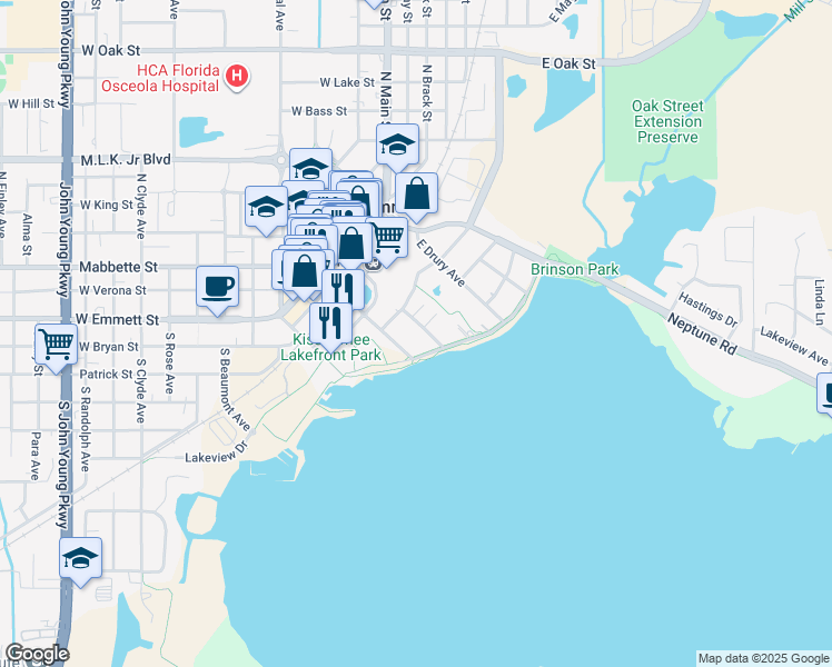 map of restaurants, bars, coffee shops, grocery stores, and more near 321 East Dakin Avenue in Kissimmee