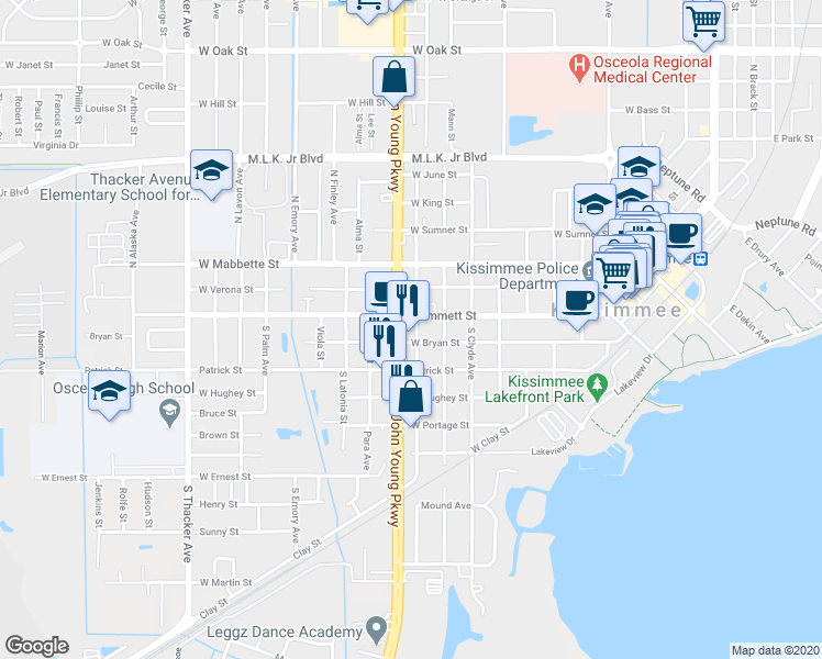 map of restaurants, bars, coffee shops, grocery stores, and more near 3 South John Young Parkway in Kissimmee