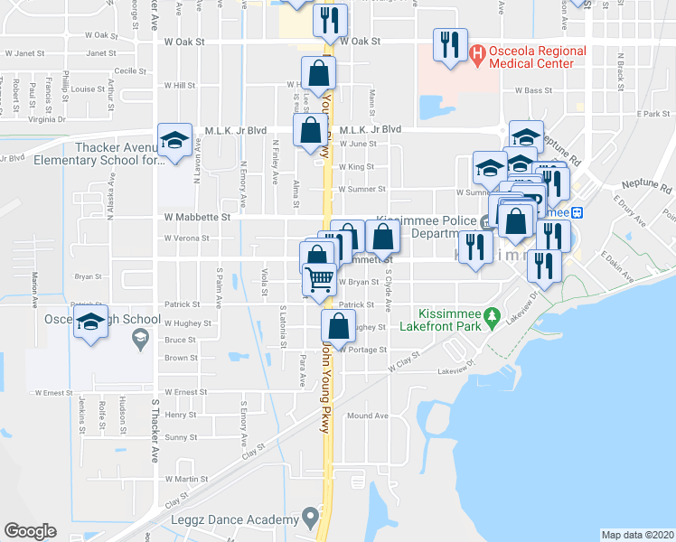 map of restaurants, bars, coffee shops, grocery stores, and more near 3 South John Young Parkway in Kissimmee