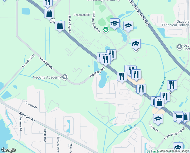 map of restaurants, bars, coffee shops, grocery stores, and more near 338 Magical Way in Kissimmee
