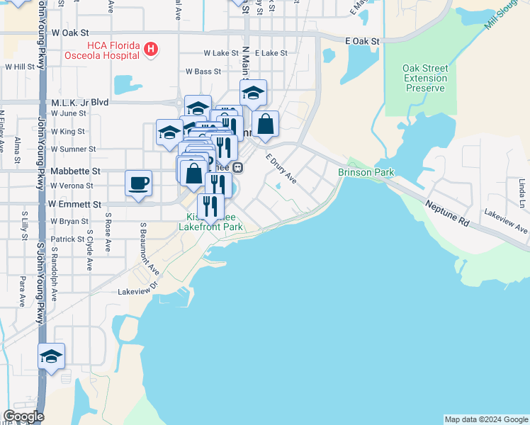 map of restaurants, bars, coffee shops, grocery stores, and more near 321 East Dakin Avenue in Kissimmee