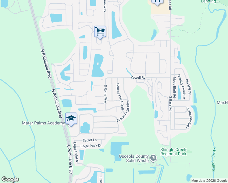 map of restaurants, bars, coffee shops, grocery stores, and more near 146 Seneca Point Trail in Kissimmee