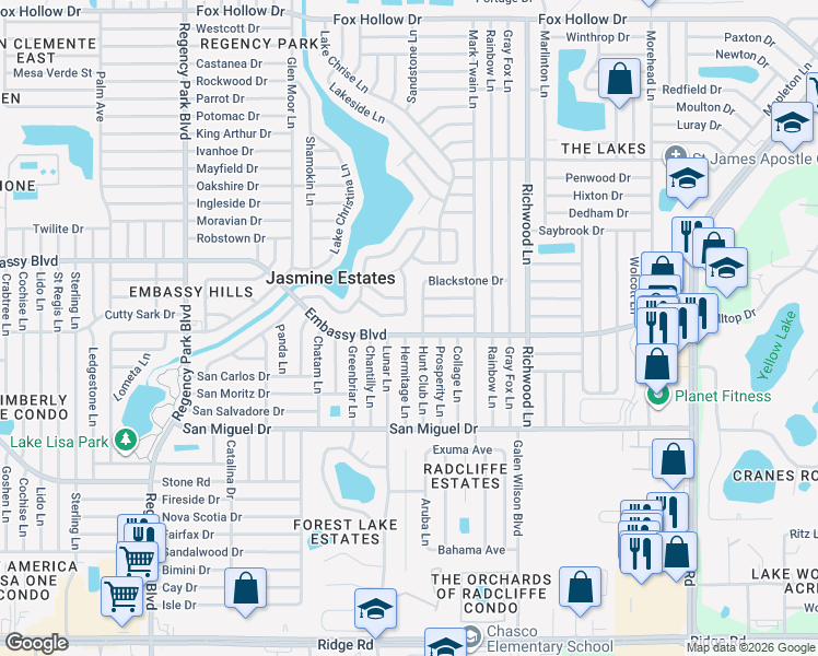 map of restaurants, bars, coffee shops, grocery stores, and more near 7644 Shapleigh Drive in Port Richey