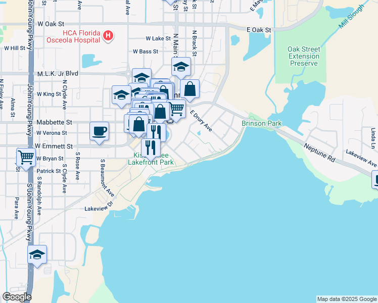 map of restaurants, bars, coffee shops, grocery stores, and more near 318 East Dakin Avenue in Kissimmee