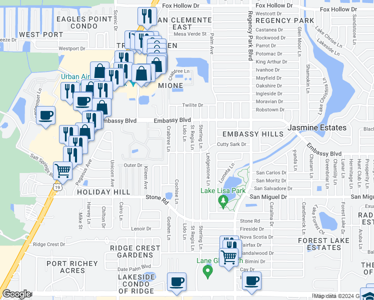 map of restaurants, bars, coffee shops, grocery stores, and more near 9220 Lido Lane in Port Richey