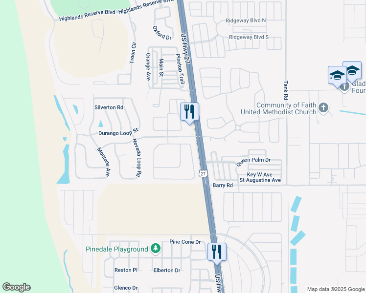 map of restaurants, bars, coffee shops, grocery stores, and more near 104 Langham Drive in Davenport