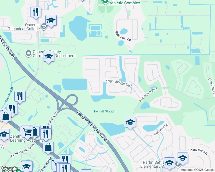 map of restaurants, bars, coffee shops, grocery stores, and more near 2562 Brookstone Drive in Kissimmee