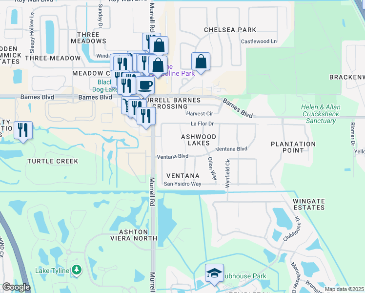 map of restaurants, bars, coffee shops, grocery stores, and more near 3919 Upmann Drive in Rockledge