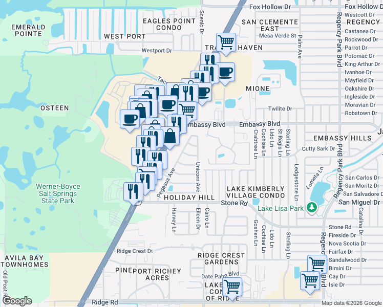 map of restaurants, bars, coffee shops, grocery stores, and more near 6415 Pensive Drive in Port Richey