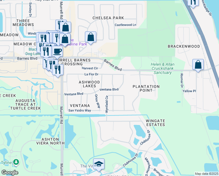 map of restaurants, bars, coffee shops, grocery stores, and more near 4275 Ventana Boulevard in Rockledge