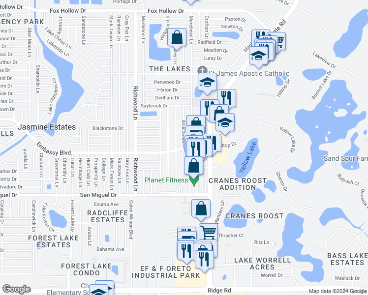 map of restaurants, bars, coffee shops, grocery stores, and more near 9200 Wolcott Lane in Port Richey