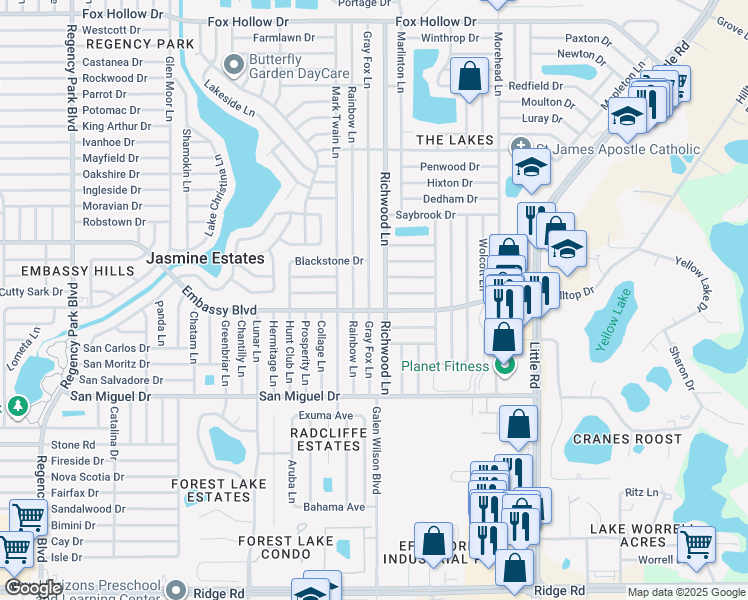 map of restaurants, bars, coffee shops, grocery stores, and more near 9220 Gray Fox Lane in Port Richey