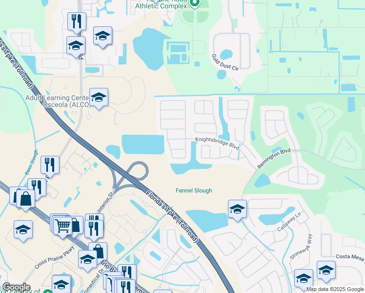 map of restaurants, bars, coffee shops, grocery stores, and more near 2415 Cedarfield Lane in Kissimmee