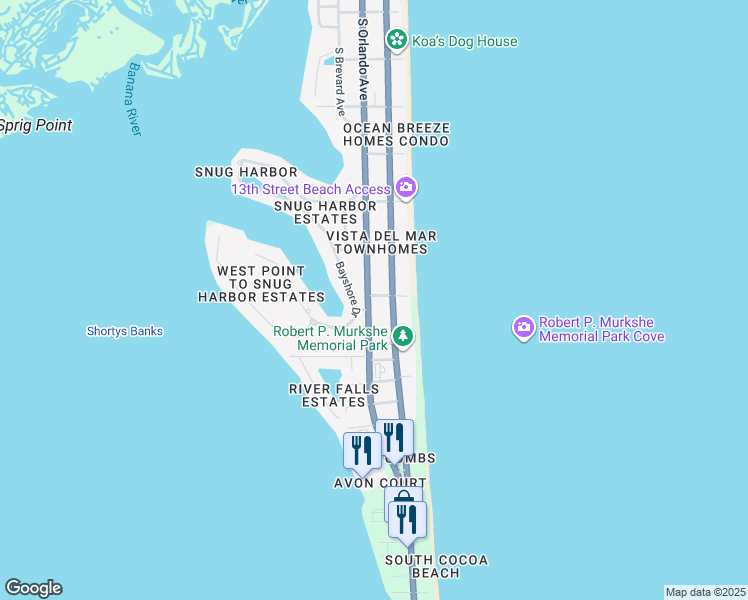 map of restaurants, bars, coffee shops, grocery stores, and more near 1511 South Orlando Avenue in Cocoa Beach