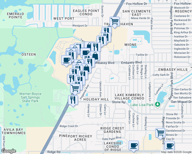 map of restaurants, bars, coffee shops, grocery stores, and more near 6415 Pensive Drive in Port Richey