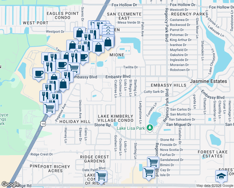 map of restaurants, bars, coffee shops, grocery stores, and more near 9224 Crabtree Lane in Port Richey