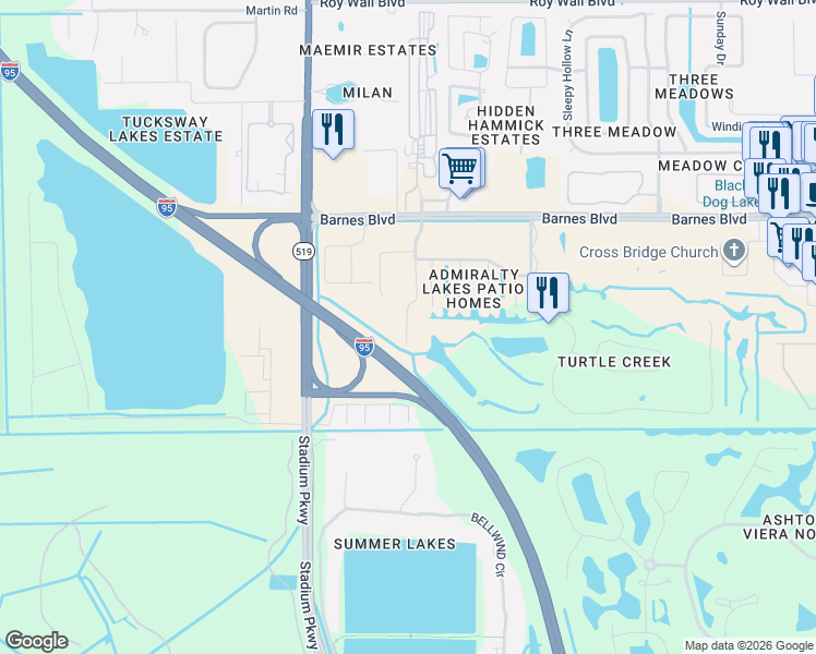 map of restaurants, bars, coffee shops, grocery stores, and more near 1393 Byrd Court in Rockledge