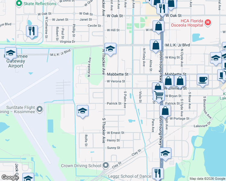 map of restaurants, bars, coffee shops, grocery stores, and more near 7 South Forrest Avenue in Kissimmee