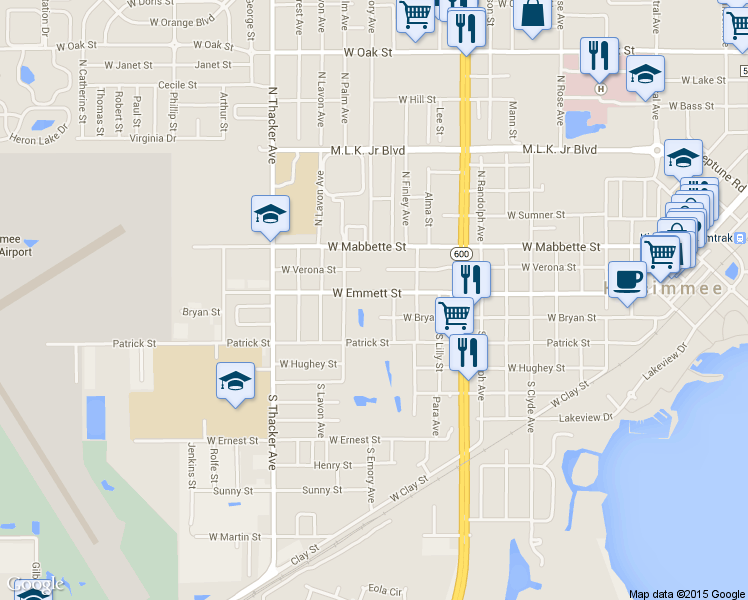map of restaurants, bars, coffee shops, grocery stores, and more near 1510 Emmett Street in Kissimmee