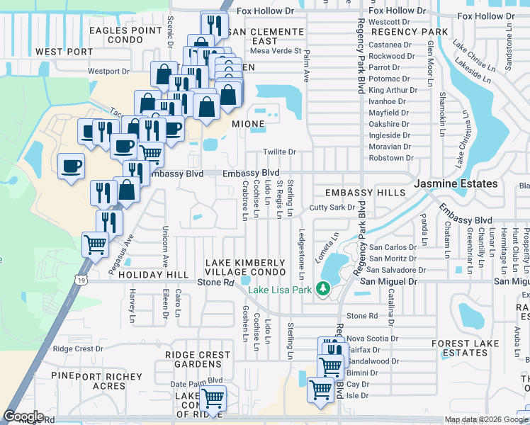 map of restaurants, bars, coffee shops, grocery stores, and more near 9225 Lido Lane in Port Richey