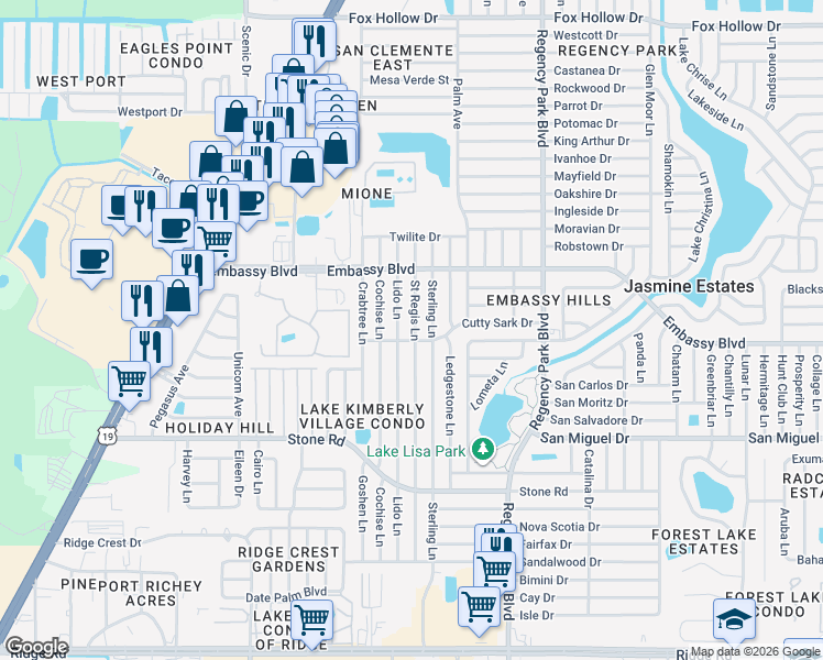 map of restaurants, bars, coffee shops, grocery stores, and more near 9225 Saint Regis Lane in Port Richey