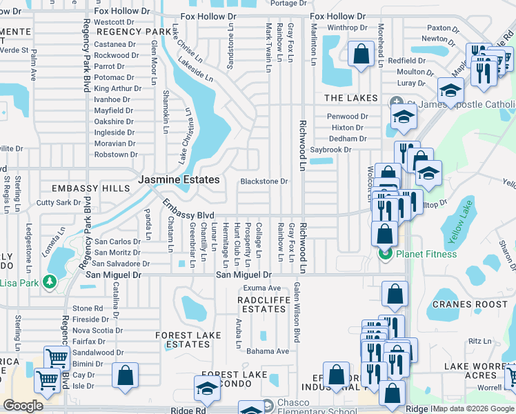 map of restaurants, bars, coffee shops, grocery stores, and more near 7834 Brookridge Drive in Port Richey