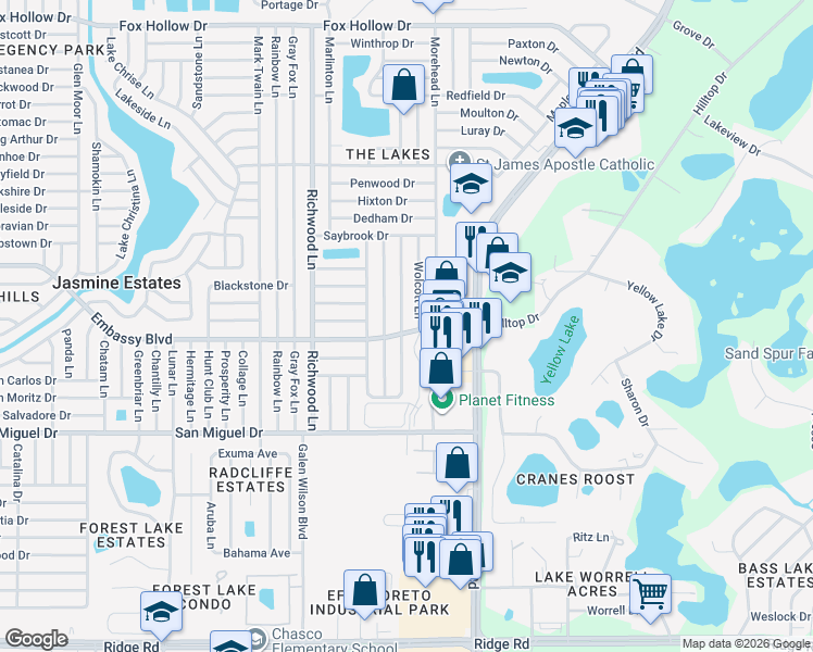 map of restaurants, bars, coffee shops, grocery stores, and more near 9232 Barrington Lane in Port Richey