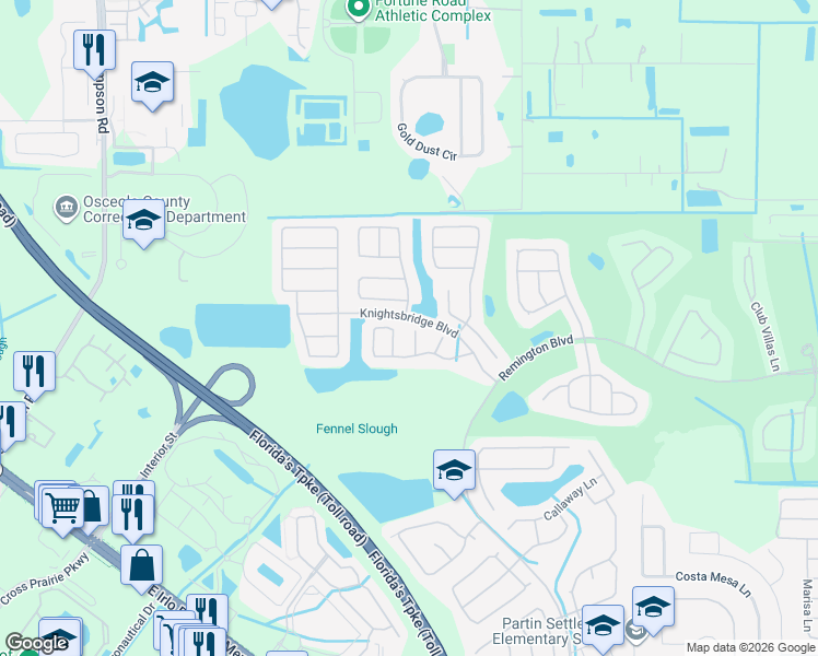 map of restaurants, bars, coffee shops, grocery stores, and more near 212 Cornwall Court in Kissimmee