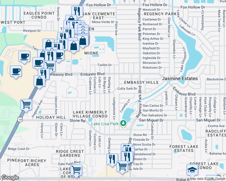 map of restaurants, bars, coffee shops, grocery stores, and more near 6931 Cutty Sark Drive in Port Richey
