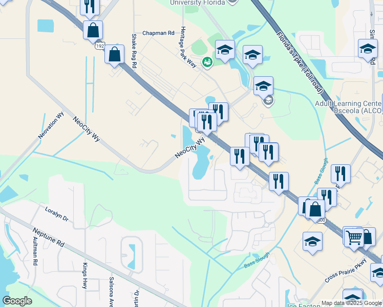 map of restaurants, bars, coffee shops, grocery stores, and more near 338 Magical Way in Kissimmee