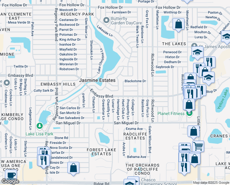 map of restaurants, bars, coffee shops, grocery stores, and more near 7644 Shapleigh Drive in Port Richey