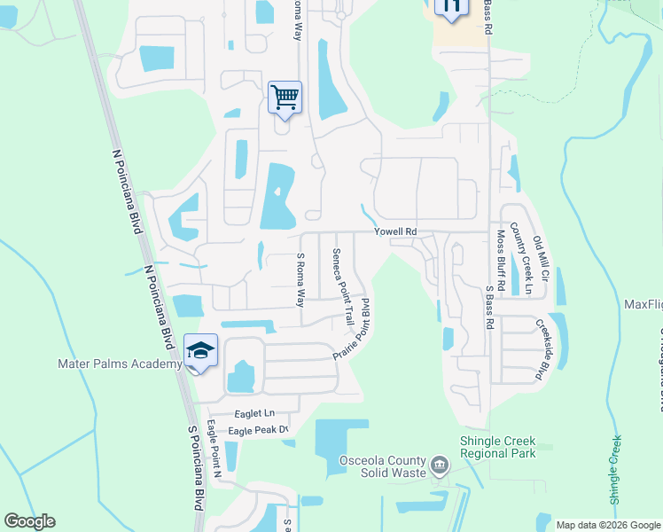 map of restaurants, bars, coffee shops, grocery stores, and more near 146 Seneca Point Trail in Kissimmee