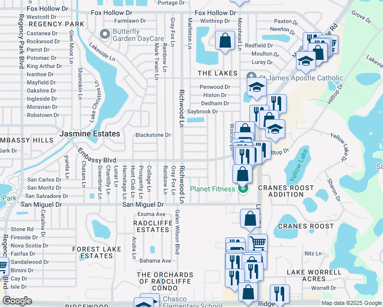 map of restaurants, bars, coffee shops, grocery stores, and more near 8034 Manvel Drive in Port Richey