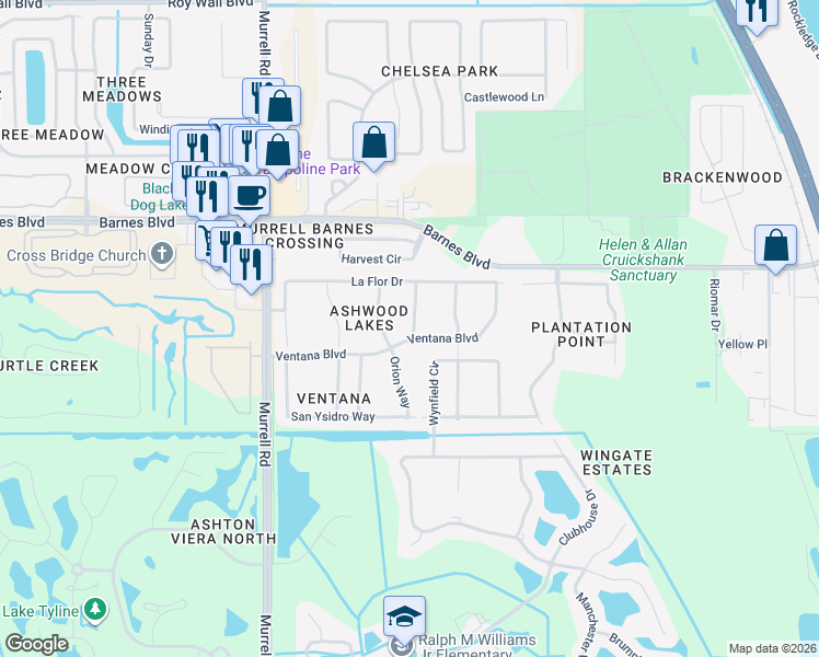 map of restaurants, bars, coffee shops, grocery stores, and more near 3987 Montesino Dr in Rockledge