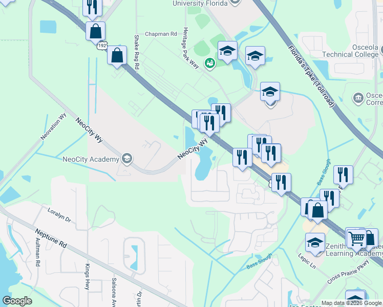 map of restaurants, bars, coffee shops, grocery stores, and more near 338 Magical Way in Kissimmee