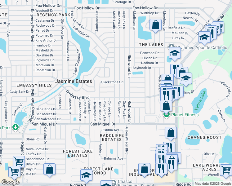 map of restaurants, bars, coffee shops, grocery stores, and more near 9226 Mark Twain Lane in Port Richey