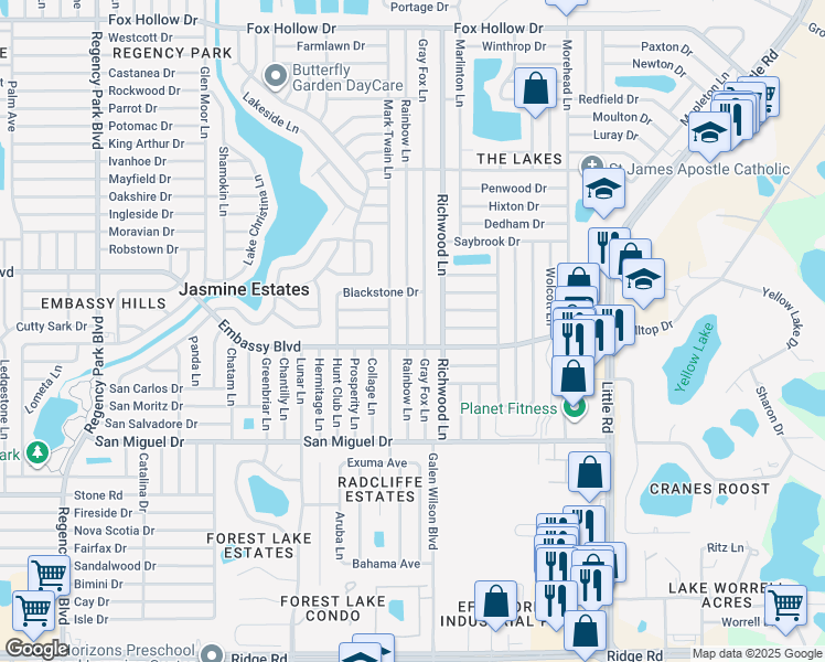 map of restaurants, bars, coffee shops, grocery stores, and more near 9220 Gray Fox Lane in Port Richey