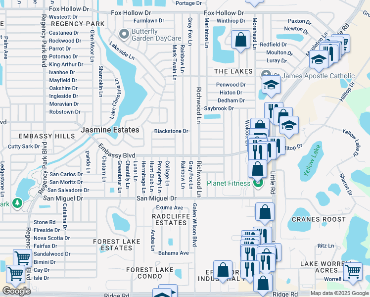 map of restaurants, bars, coffee shops, grocery stores, and more near 9226 Rainbow Lane in Port Richey