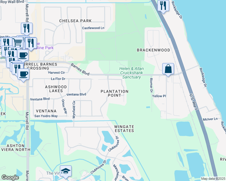 map of restaurants, bars, coffee shops, grocery stores, and more near 329 Chennault Lane in Rockledge