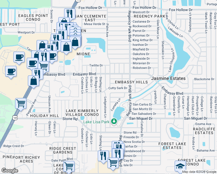 map of restaurants, bars, coffee shops, grocery stores, and more near 6931 Cutty Sark Drive in Port Richey