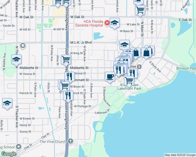 map of restaurants, bars, coffee shops, grocery stores, and more near 3 Courthouse Square in Kissimmee